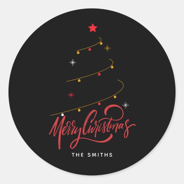 Modern Minimalist Merry Christmas Script Tree Classic Round Sticker (Front)