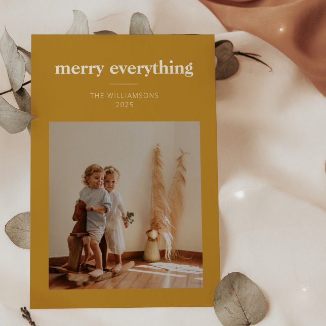 Modern Minimalist Merry Everything Photo Yellow Holiday Card (Creator Uploaded)