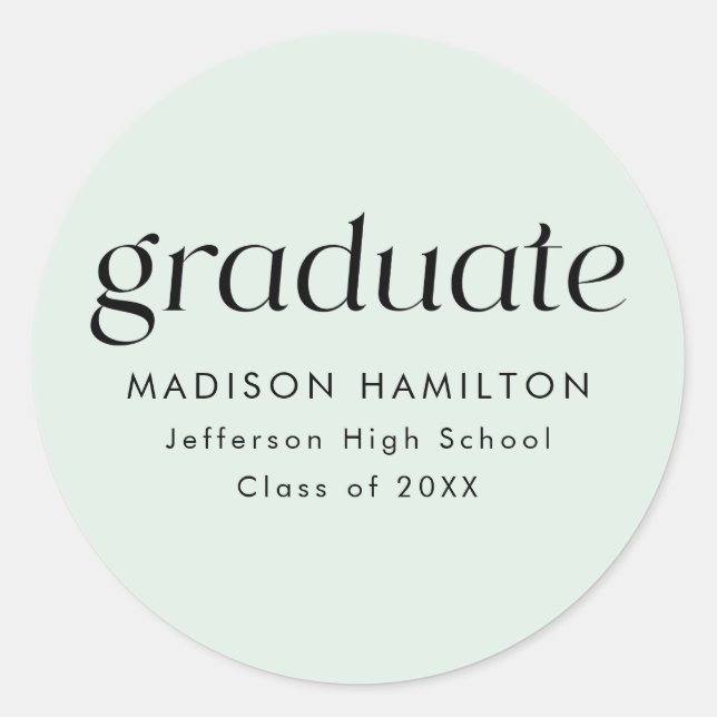 Modern Minimalist Mint Green Graduation Classic Round Sticker (Front)