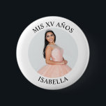 Modern Minimalist Mis XV Años Photo 6 Cm Round Badge<br><div class="desc">Create your own personalised white border photo round button for your her 15th birthday. Customise the solid white background colour or the black text colour to match your photo. If you change the font type or size, you can fine tune the curvature of the text in small increments. Have fun...</div>