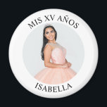 Modern Minimalist Mis XV Años Photo Magnet<br><div class="desc">Create your own personalised white border photo round kitchen magnet for your her 15th birthday. Customise the solid white background colour or the black text colour to match your photo. If you change the font type or size, you can fine tune the curvature of the text in small increments. Have...</div>
