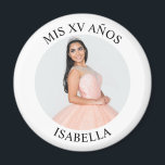 Modern Minimalist Mis XV Años Photo Magnet<br><div class="desc">Create your own personalised white border photo round kitchen magnet for your her 15th birthday. Customise the solid white background colour or the black text colour to match your photo. If you change the font type or size, you can fine tune the curvature of the text in small increments. Have...</div>