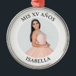 Modern Minimalist Mis XV Años Photo Metal Tree Decoration<br><div class="desc">Create your own personalised white border photo round premium Christmas keepsake ornament for your her 15th birthday. Customise the solid white background colour or the black text colour to match your photo. If you change the font type or size, you can fine tune the curvature of the text in small...</div>