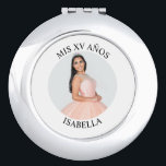 Modern Minimalist Mis XV Años Round Photo Compact Mirror<br><div class="desc">Create your own personalised white border round compact mirror for your her 15th birthday. Customise the solid white background colour or the black text colour to match your photo. If you change the font type or size, you can fine tune the curvature of the text in small increments. Have fun...</div>