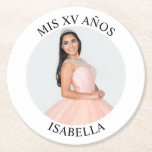 Modern Minimalist Mis XV Años Round Photo Round Paper Coaster<br><div class="desc">Create your own personalised white border round photo paper party coaster for your her 15th birthday. Customise the solid white background colour or the black text colour to match your photo. If you change the font type or size, you can fine tune the curvature of the text in small increments....</div>
