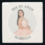 Modern Minimalist Mis XV Años Round Photo Stone Coaster<br><div class="desc">Create your own personalised white border round photo stone coaster for your her 15th birthday. Customise the solid white background colour or the black text colour to match your photo. If you change the font type or size, you can fine tune the curvature of the text in small increments. Have...</div>