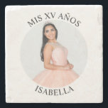 Modern Minimalist Mis XV Años Round Photo Stone Coaster<br><div class="desc">Create your own personalised white border round photo stone coaster for your her 15th birthday. Customise the solid white background colour or the black text colour to match your photo. If you change the font type or size, you can fine tune the curvature of the text in small increments. Have...</div>