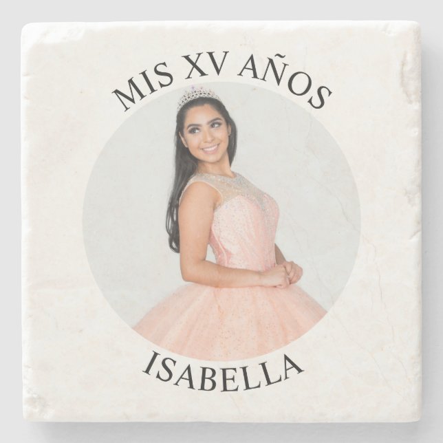Modern Minimalist Mis XV Años Round Photo Stone Coaster (Front)