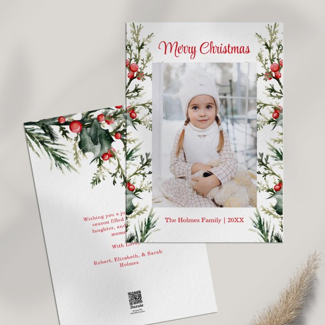 Modern Minimalist Mistletoe Photo Holiday Card (Modern Minimalist Mistletoe Photo Holiday Card on white table)