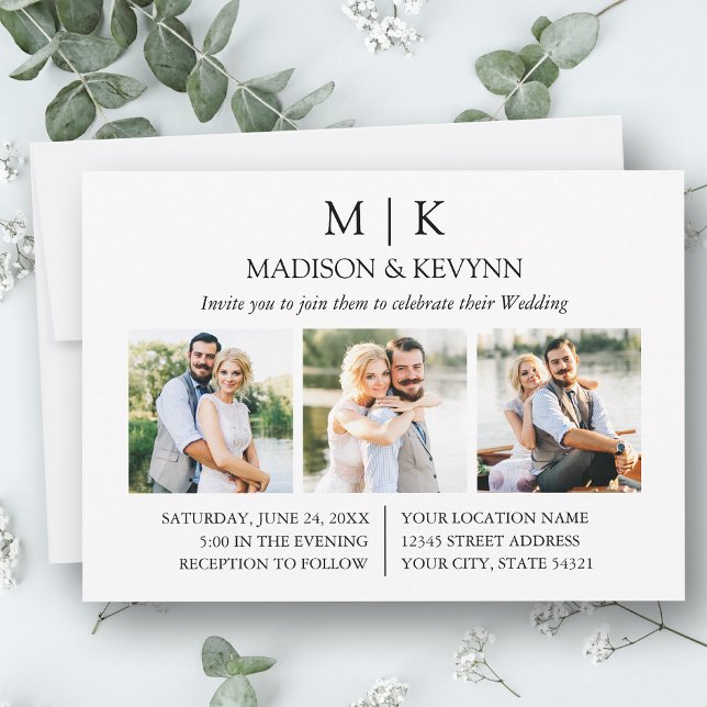 Modern Minimalist Monogram 3 Photos Wedding Invitation (Customize to change text size or text style.)