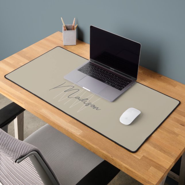 Modern Minimalist Monogram Beige Script Name Desk Mat (Office 2)