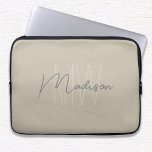 Modern Minimalist Monogram Beige Script Name Laptop Sleeve<br><div class="desc">Protect your laptop in style with this Modern Minimalist Monogram Beige Script Name laptop sleeve. Featuring a sleek and elegant design, this sleeve showcases your personalised monogram with your initials and name in a refined modern script. The neutral beige background adds a sophisticated touch, making it a perfect accessory for...</div>