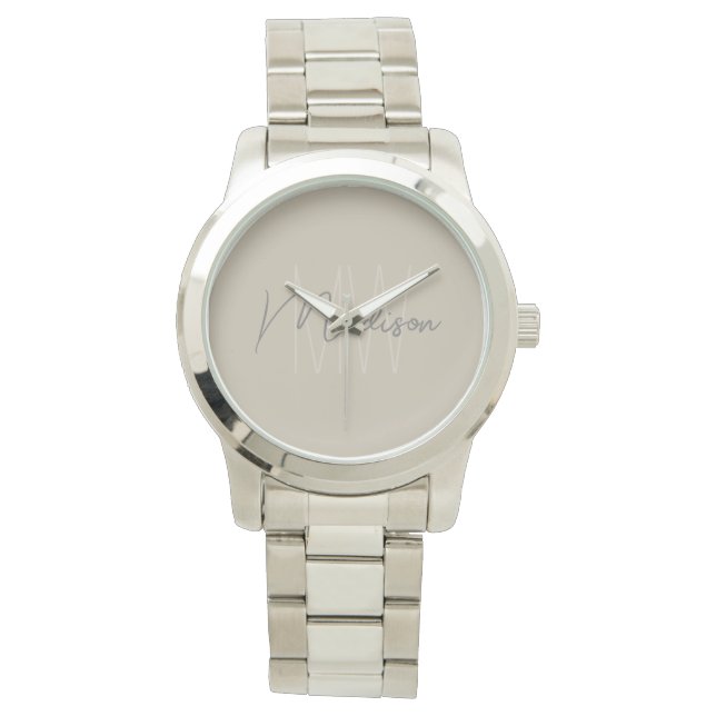 Modern Minimalist Monogram Beige Script Name Watch (Front)