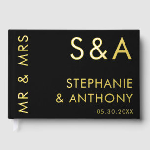Modern Minimalist Monogram Black and Gold Wedding Guest Book