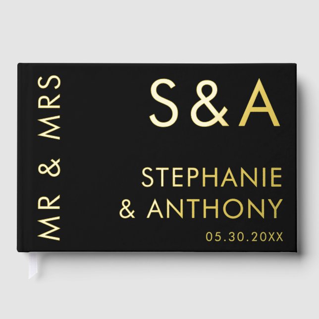 Modern Minimalist Monogram Black and Gold Wedding Guest Book (Front)