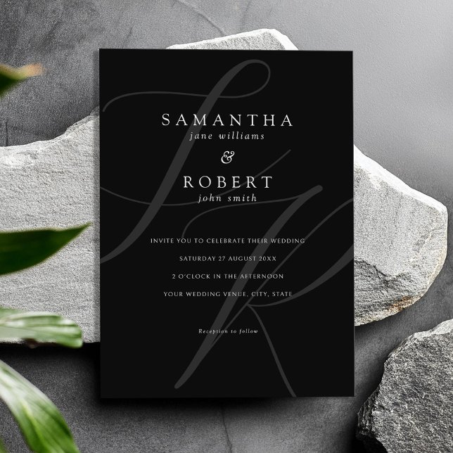 Modern Minimalist Monogram Black and White Wedding Invitation (Creator Uploaded)