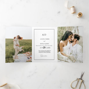 Modern Minimalist Monogram Black & White Wedding Tri-Fold Invitation