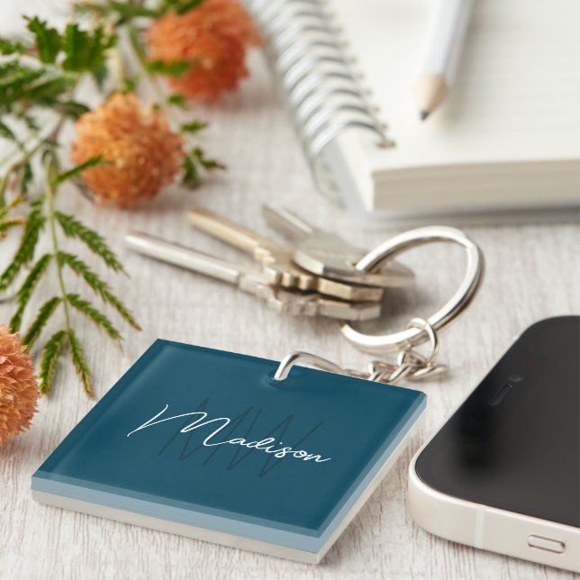 Modern Minimalist Monogram Blue Script Name Key Ring (Front Right)