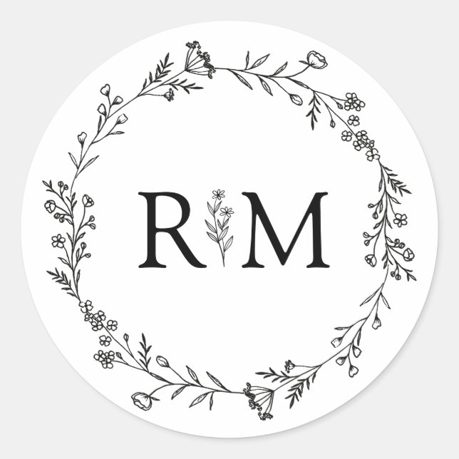 modern minimalist monogram botanical wedding classic round sticker (Front)