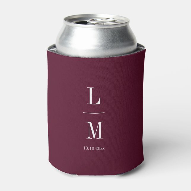 Modern Minimalist Monogram Burgundy Wedding Names Can Cooler (Can Front)