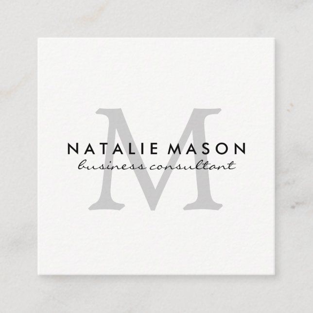 Modern Minimalist Monogram Grey on White Square Business Card (Front)