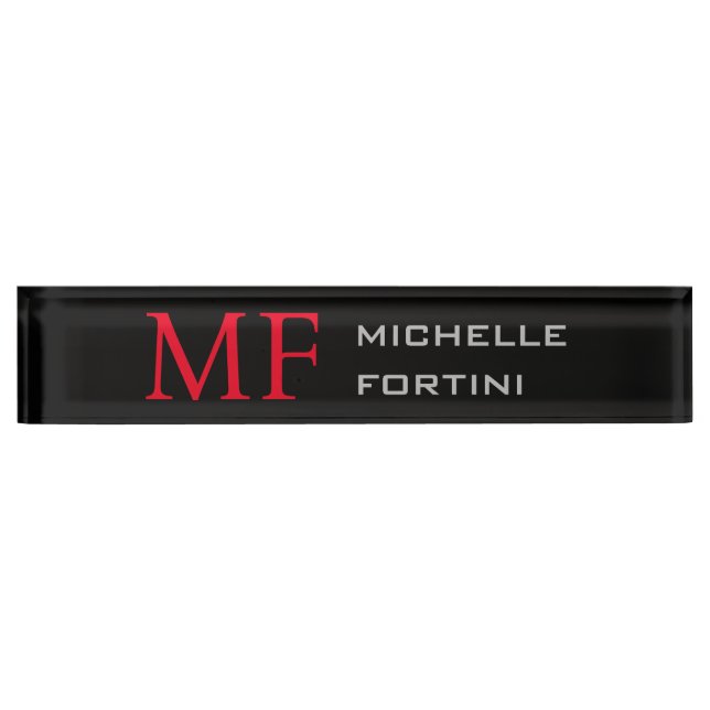 Modern Minimalist Monogram Initial Plain Red Black Nameplate (Front)