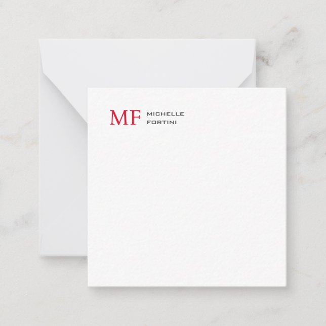 Modern Minimalist Monogram Initial Plain Red White Card (Front)