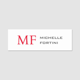 Modern Minimalist Monogram Initial Plain Red White Name Tag