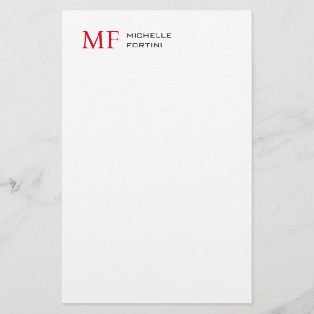 Modern Minimalist Monogram Initial Plain Red White Stationery (Front)