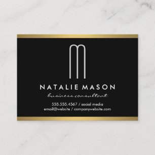 Modern Minimalist Monogram on Black Gold Trim Business Card