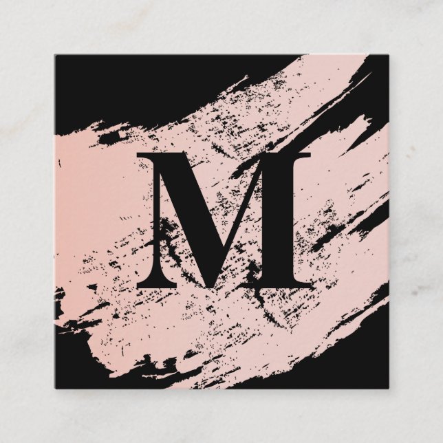 Modern Minimalist Monogram on Black/Pink Brushed Square Business Card (Front)