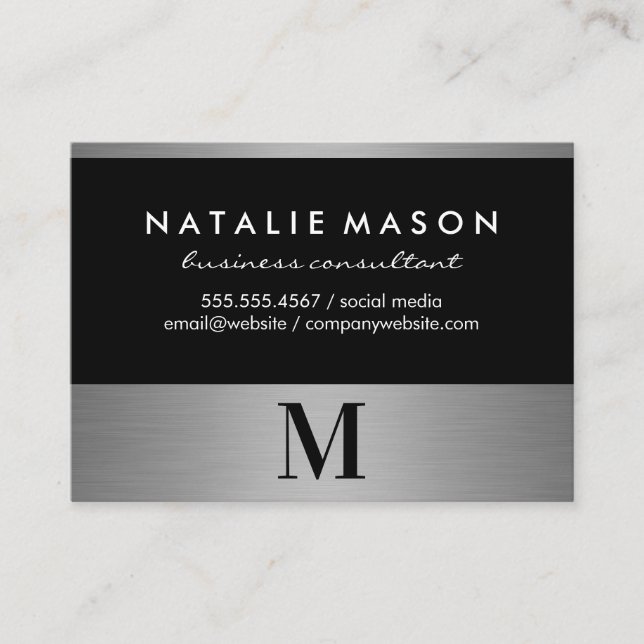 Modern Minimalist Monogram on Black Silver Trim Business Card (Front)