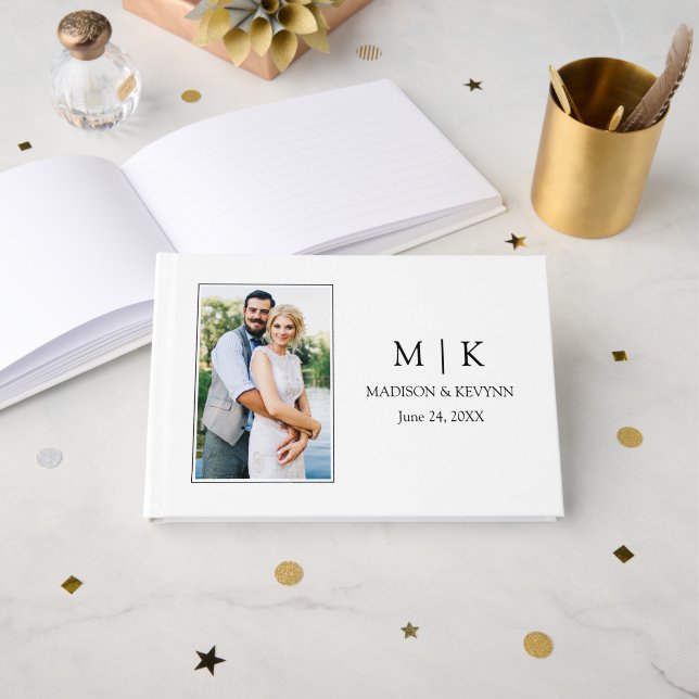 Modern Minimalist Monogram Photo Wedding Guest Book (Front Open)