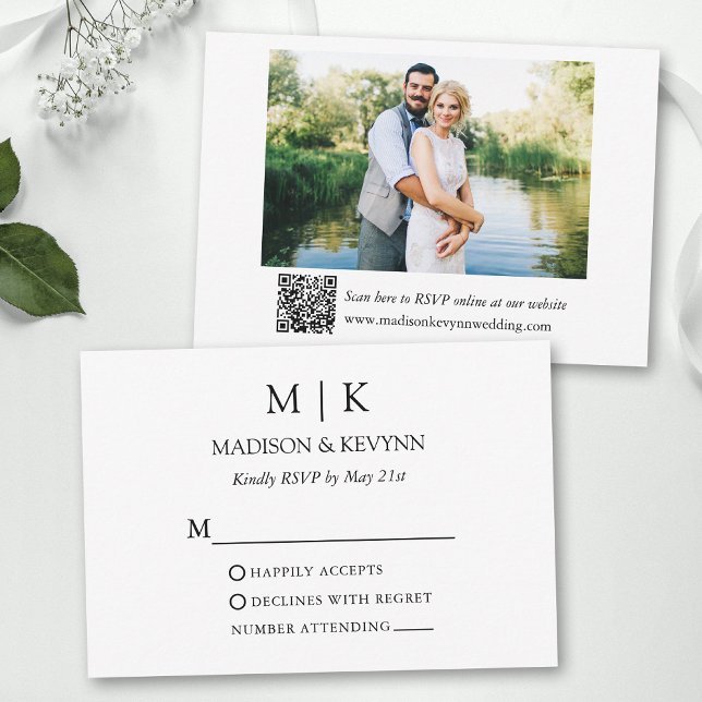 Modern Minimalist Monogram Photo Wedding QR Code RSVP Card (Add your wedding website or social media web address to the QR Scan Code.)