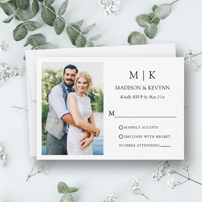 Modern Minimalist Monogram Photo Wedding RSVP Card (Customize to change text size, text style or to add more text to back of card.)