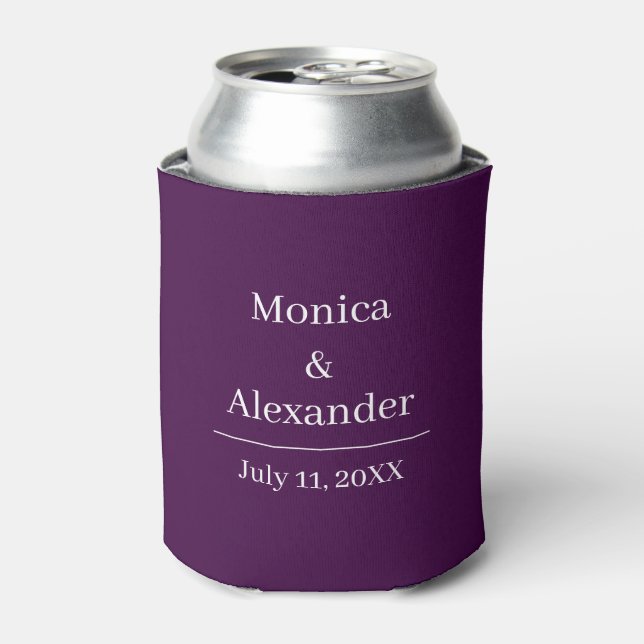 Modern Minimalist Monogram Purple Plum Wedding Can Cooler (Can Front)
