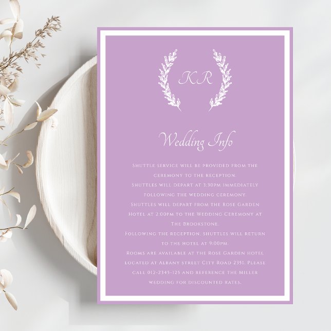 Modern Minimalist Monogram Purple White Lavender  Enclosure Card (Creator Uploaded)
