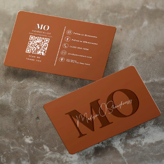 Modern Minimalist Monogram QR Terracotta Business Card
