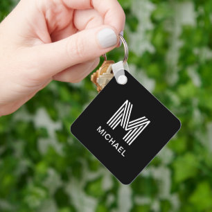 Modern Minimalist Monogram Stylish Black & White Key Ring