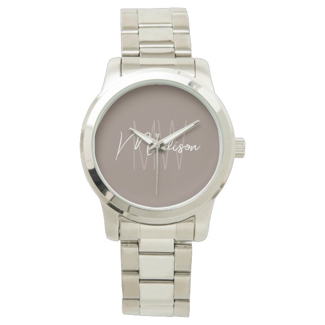 Modern Minimalist Monogram Taupe Script Name Watch (Front)