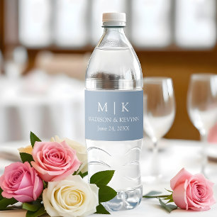 Modern Minimalist Monogram Wedding Dusty Blue Water Bottle Label
