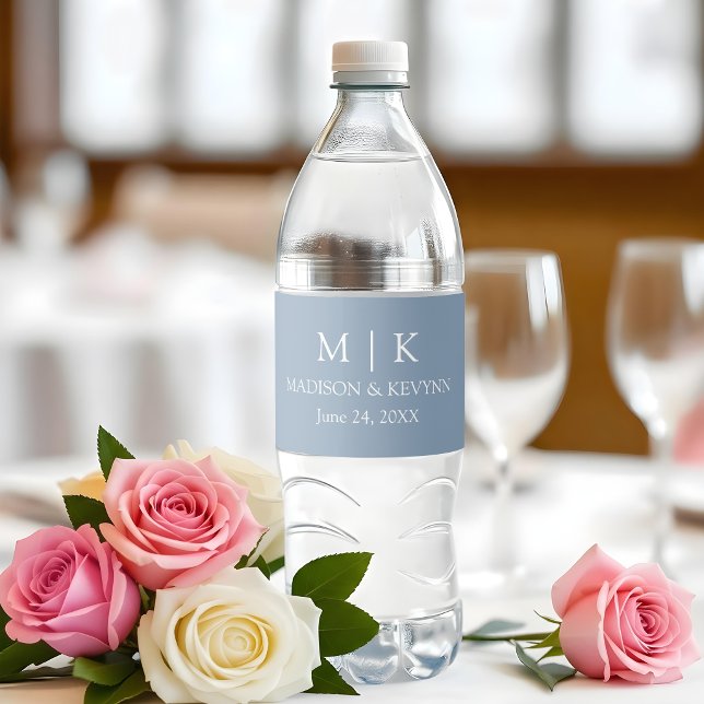 Modern Minimalist Monogram Wedding Dusty Blue Water Bottle Label (Customize to change background color.)