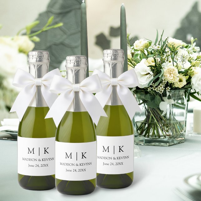 Modern Minimalist Monogram Wedding Mini Sparkling Wine Label (Customize to change text size, style or background color.)