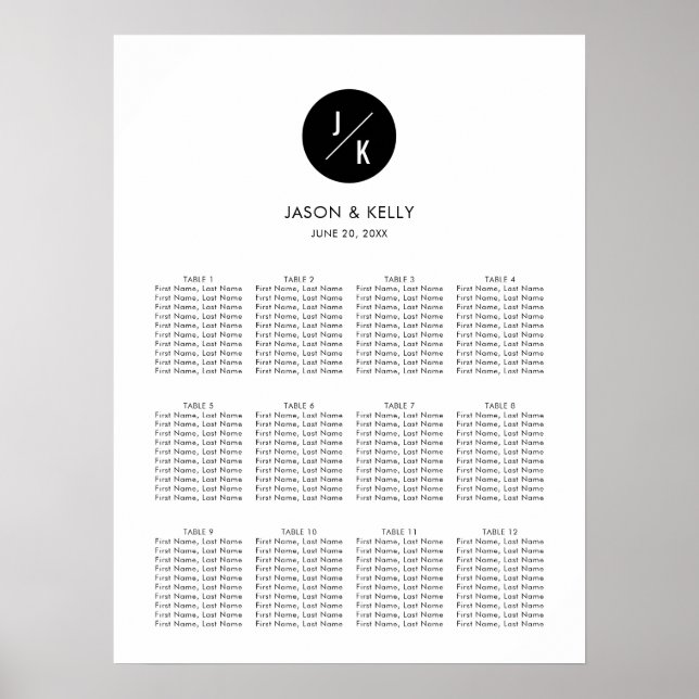 Modern, Minimalist Monogram Wedding Seating Chart (Front)
