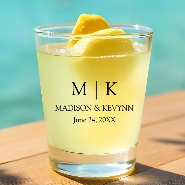 Modern Minimalist Monogram Wedding Shot Glass (Customize to change text color or text style.)