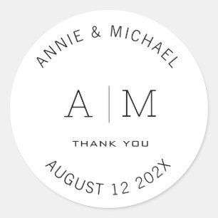 Modern, Minimalist, Monogram, White Classic Round Sticker