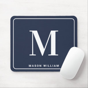 Modern Minimalist Monogram with Name - Navy Blue Mouse Pad