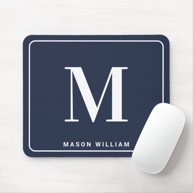 Modern Minimalist Monogram with Name - Navy Blue Mouse Pad (With Mouse)
