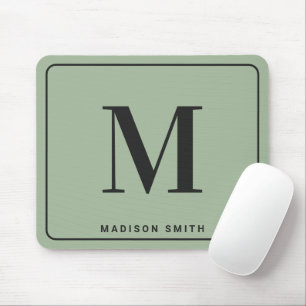 Modern Minimalist Monogram with Name - Sage Green Mouse Pad
