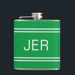 Modern Minimalist Monogrammed Initials Drink Green Hip Flask<br><div class="desc">Three Initial Letters Monogrammed stainless steel flasks are timeless, classic and stylish. Our Unique design is the perfect personalised gift for that special occasion. Shop our integrated collection of coordinating colours and golf - sports accessories. Custom personal monogrammed initials are added to a kelly green background with white shadowed font...</div>